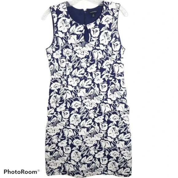 NWOT Lands’ End Navy White Floral Shift Dress Petite 6P Keyhole Stretch Pockets - Picture 2 of 13